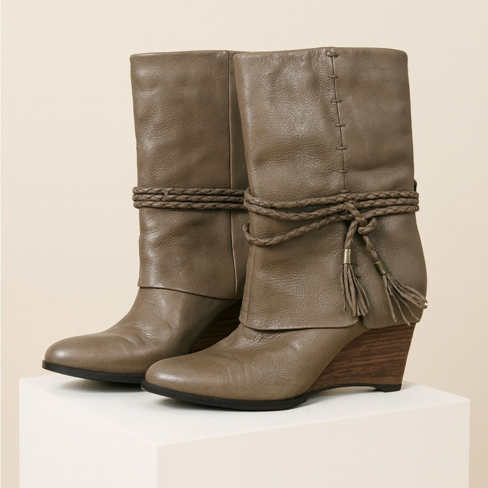B. Makowsky Taupe Ankle Boots with Wedge Heel